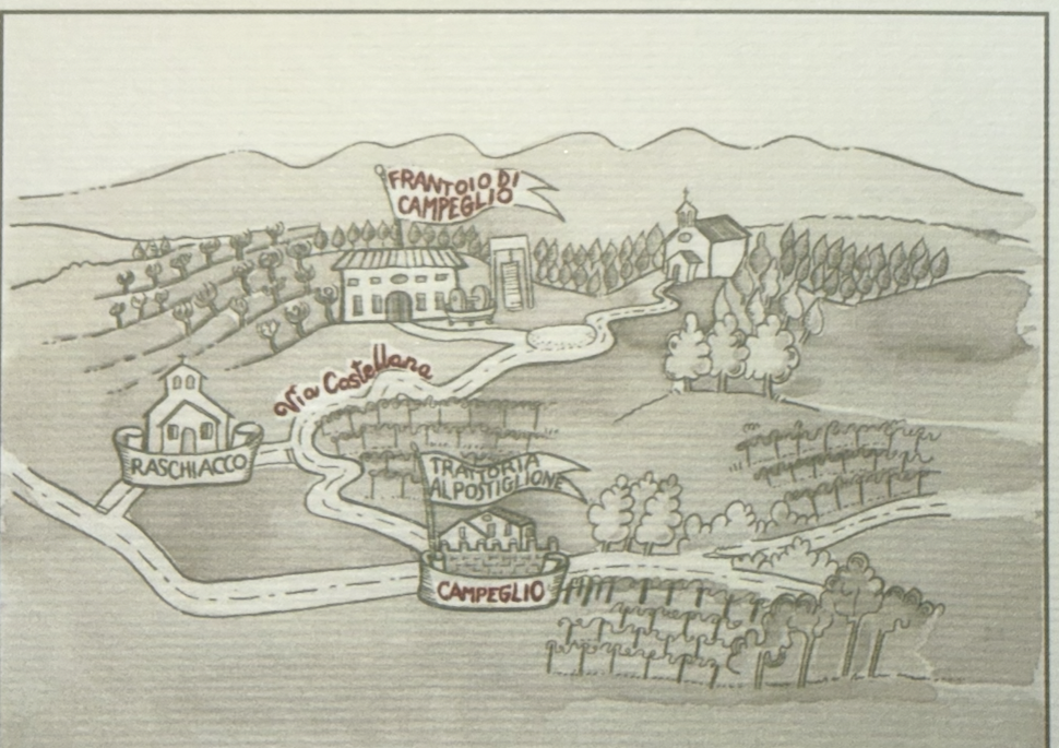 Mappa illustrata del Frantoio di Campeglio, della chiesetta di San Rocco e di Via Castellana
